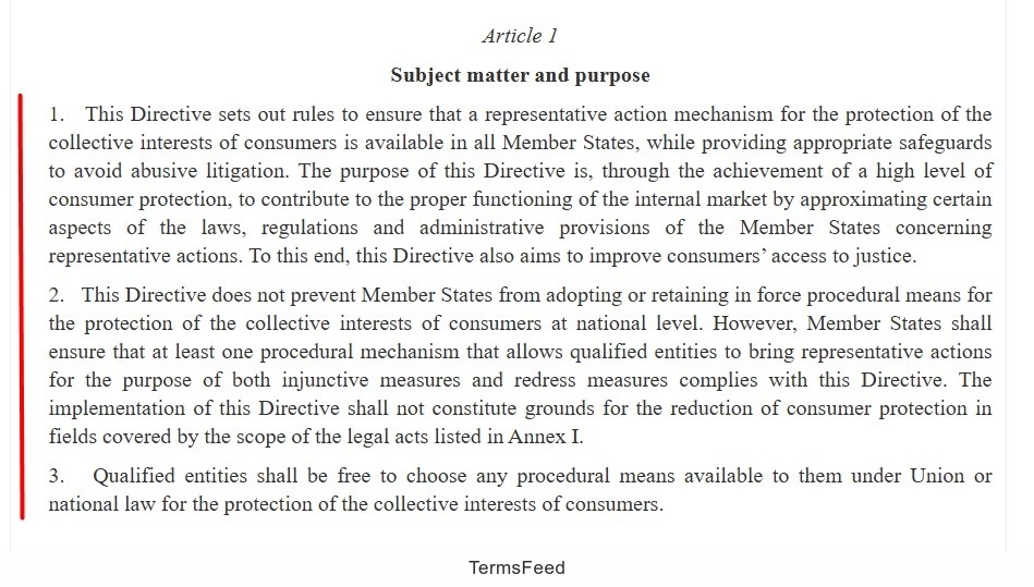 RAD Directive Article 1 discusses the purpose and rules for protecting collective consumer interests