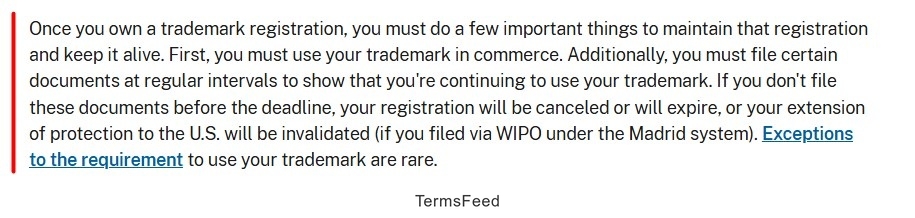 Instructions for maintaining a trademark registration and filing requirements