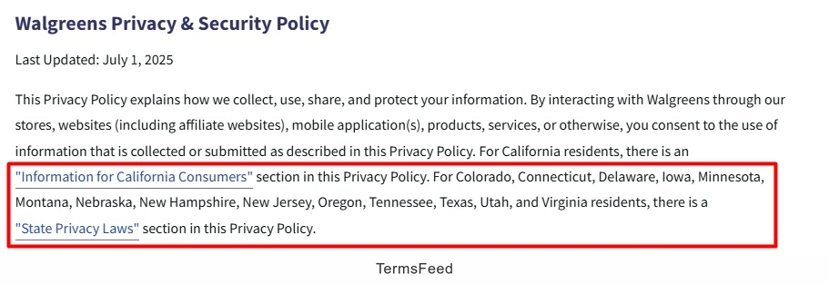 Walgreens Privacy Policy Links to Other States