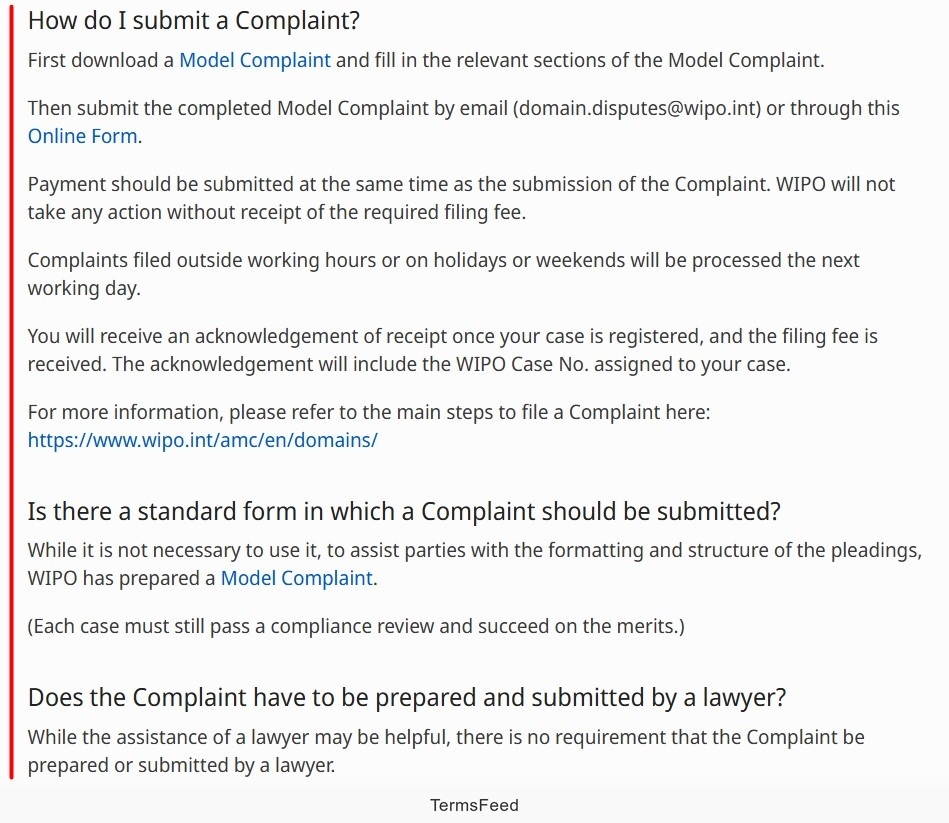 WIPO guidance on submitting a complaint with model complaint form