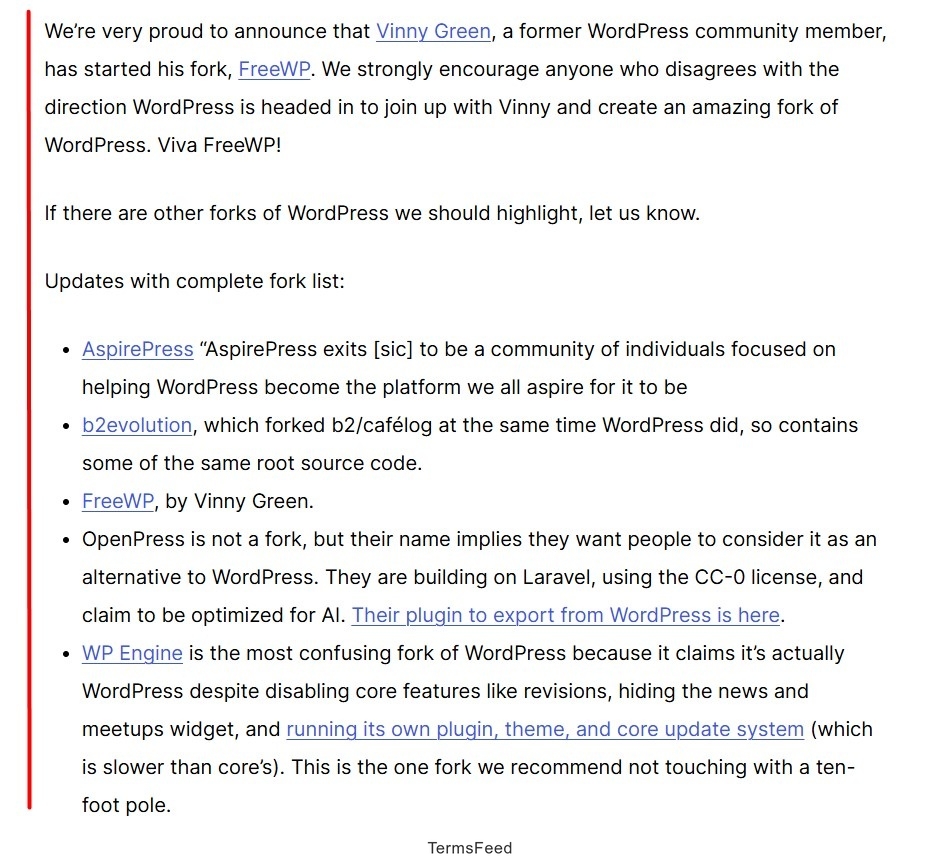 Announcement and listing of various WordPress forks including FreeWP