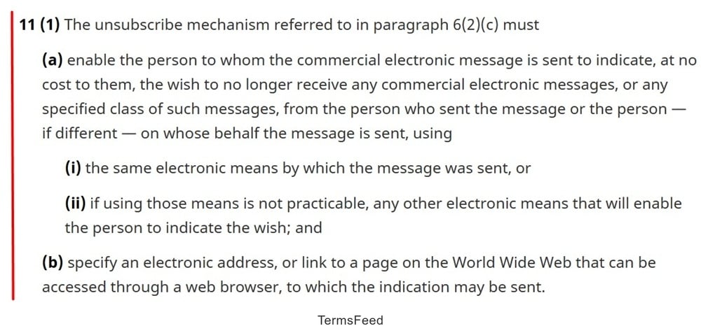 Unsubscribe mechanism requirements detailed in paragraph 11