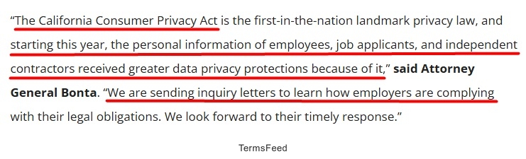 California Consumer Privacy Act enhances privacy protections for employees and contractors, inquiry letters sent by California Attorney General
