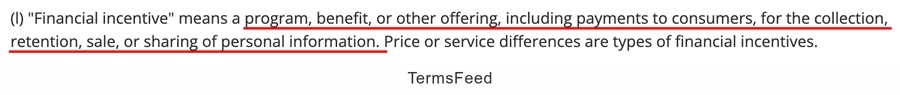 CCPA Financial incentive definition related to data retention and sharing