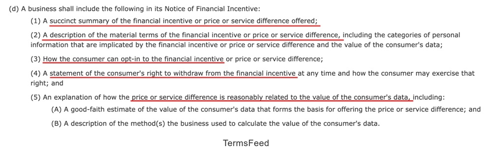 CCPA Financial incentive notice requirements including opt-in and withdrawal rights