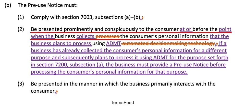 CCPA Instructions for presenting a pre-use notice according to section 7003 for ADMT compliance