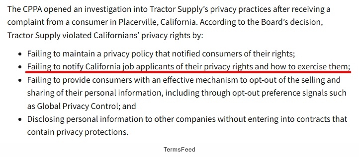 CPPA investigates Tractor Supply for failing to notify job applicants of privacy rights in 2025