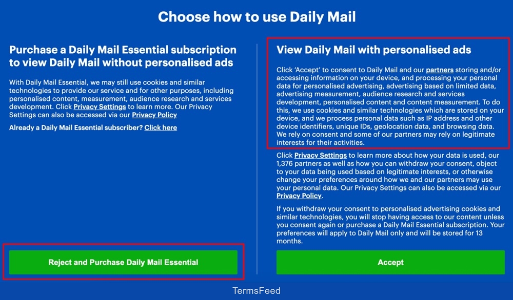 Daily Mail consent or pay model with subscription and advertising options