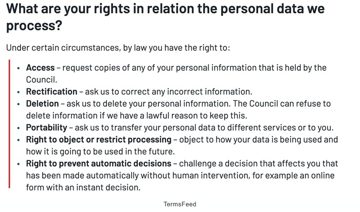Derby City Council Rights related to personal data processing including access, rectification, deletion, and objection