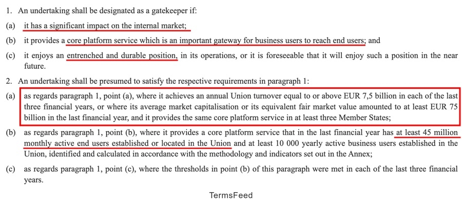 Digital Markets Act criteria for gatekeeper designation and thresholds