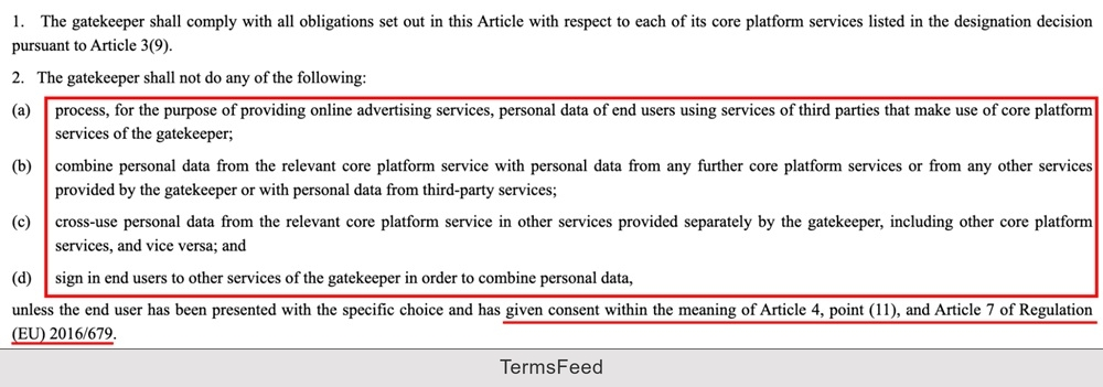 Digital Markets Act obligations for gatekeepers on data processing