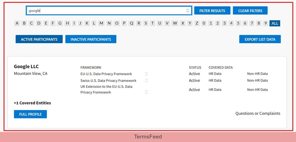 DPF Program - Registry - Google LLC search status example