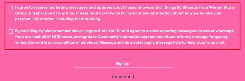 Ed Sheeran marketing message consent form showing opt-in checkboxes and privacy policy link