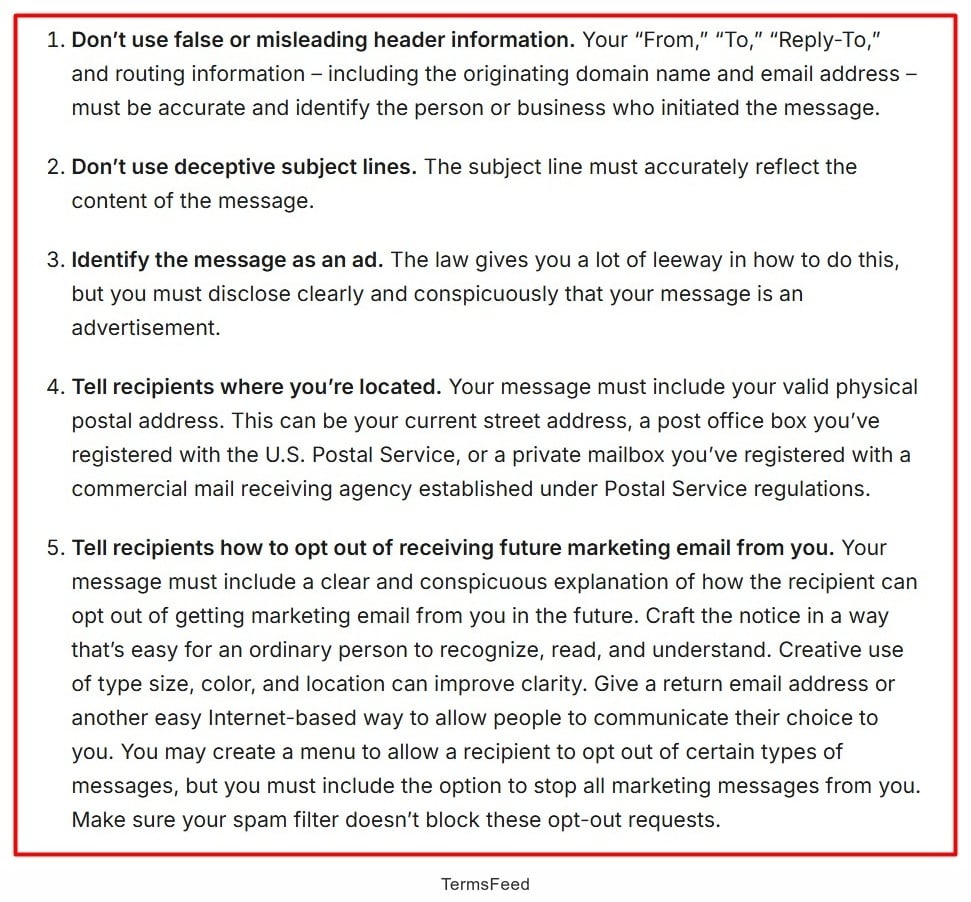 Guidelines on email marketing practices for compliance with regulations in list format