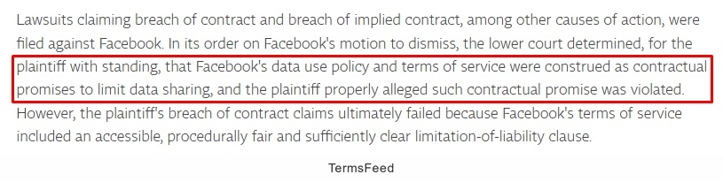 Facebook's data use policy construed as contractual promises limiting data sharing, with breach of contract claims discussed
