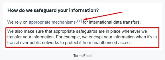 Facebook Privacy Policy - How do we Transfer your information - Section outlines safeguards for international data transfers, emphasizing encryption during transit to prevent unauthorized access