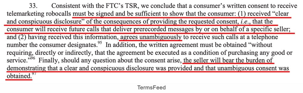 FTC consumer written consent guidelines for telemarketing robocalls disclosure requirements