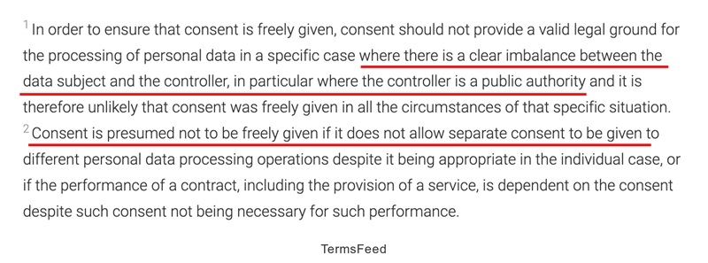 GDPR text highlighted on freely given consent and authority imbalance