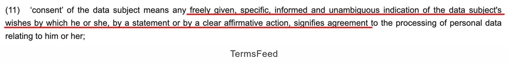 GDPR definition of consent as freely given and specific