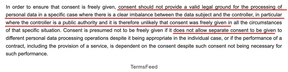 GDPR freely given consent conditions and legal grounds