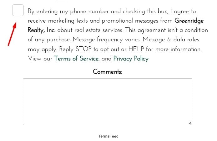 Greenridge Realty consent form for marketing texts featuring an opt-in checkbox