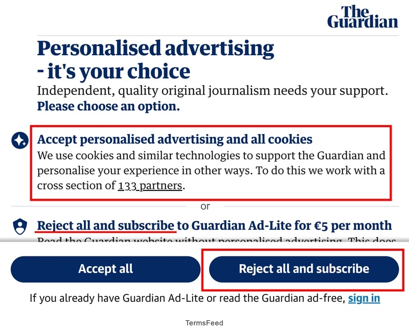 The Guardian consent or pay pop-up showing advertising options