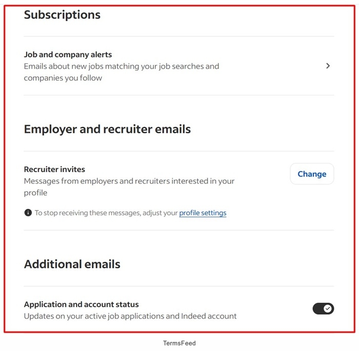 Indeed subscriptions page detailing alerts and email management