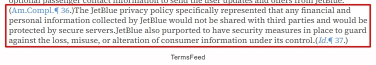 JetBlue privacy policy states financial and personal information protected by secure servers and not shared with third parties