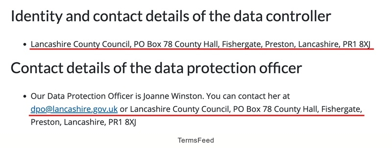 Identity and contact details of data controller and protection officer in Lancashire
