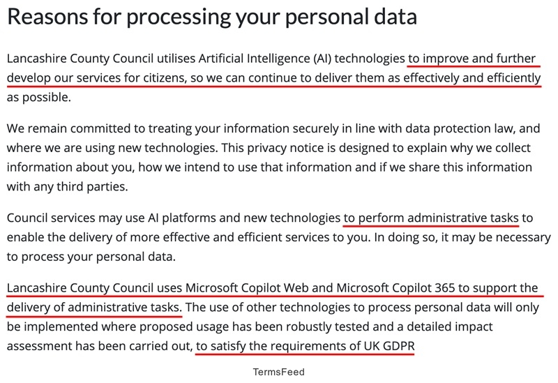 Lancashire County Council - Reasons for processing personal data by with AI, using Microsoft tools, compliant with UK GDPR - highlighted