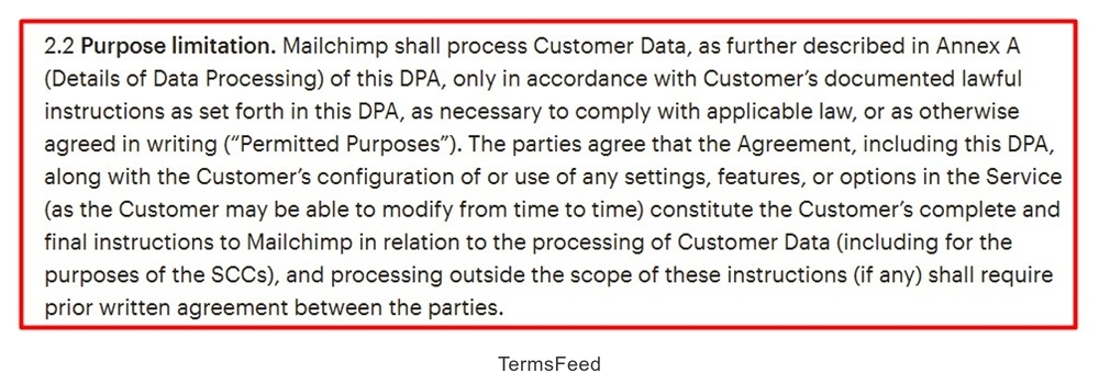 Mailchimp DPA purpose limitation explanation