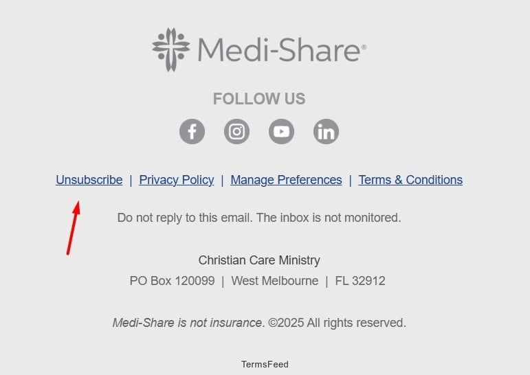 Medi-Share email footer with unsubscribe link and contact details