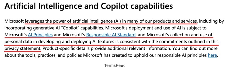 Microsoft statement on AI and Copilot capabilities, adherence to AI principles and responsible AI standard