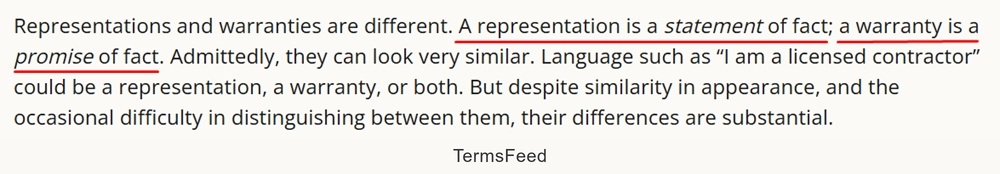 Text highlights differences between representations and warranties, noting representation is a statement of fact, warranty a promise of fact