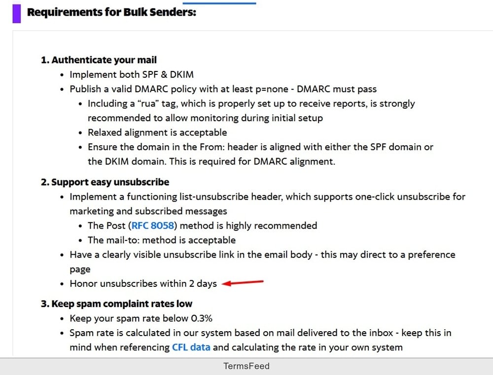 Requirements for bulk senders document highlighting easy unsubscribe