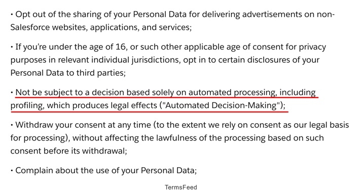 Salesforce Opt-out of automated processing and profiling with legal effects explanation