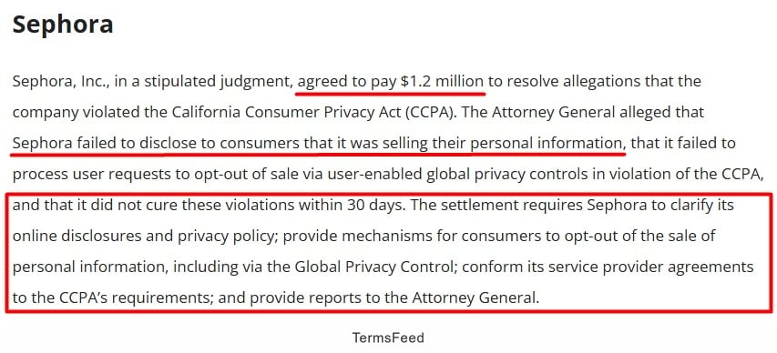 Sephora case involving 1.2M dollars CCPA violation settlement and operational changes