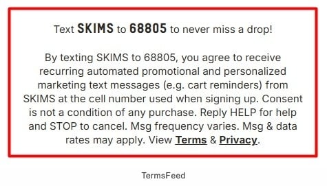SKIMS SMS signup instructions for marketing messages with opt-out details