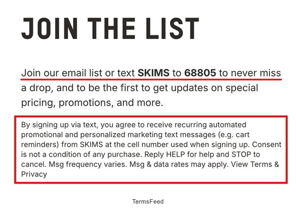 Skims text consent for automated marketing messages