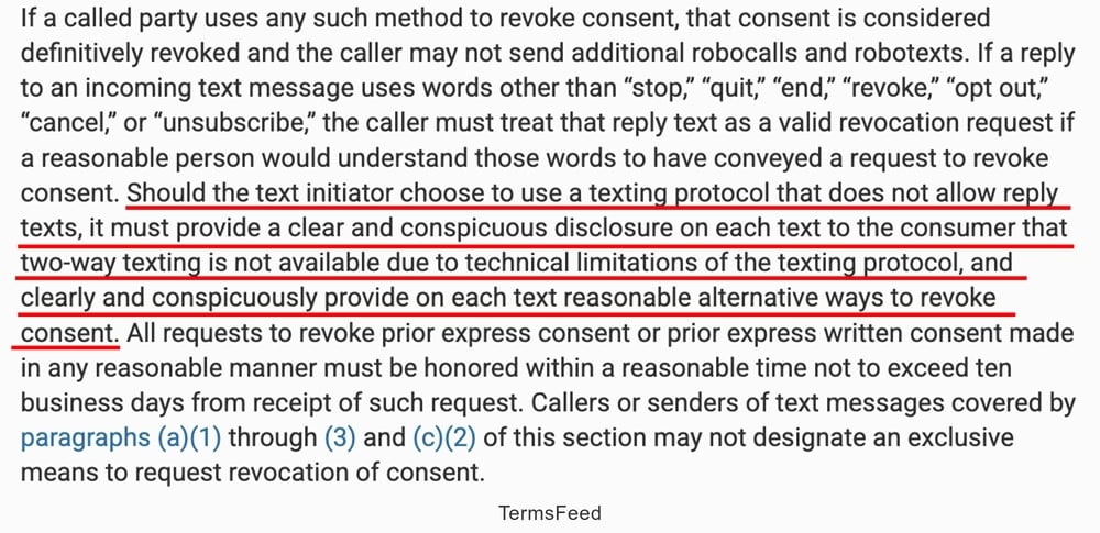 TCPA disclosure requirements for texting protocols without two-way communication