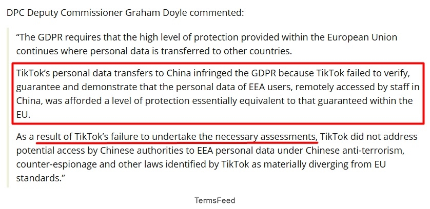 TikTok data transfers to China breach GDPR due to lack of protection equivalent to EU standards in 2024