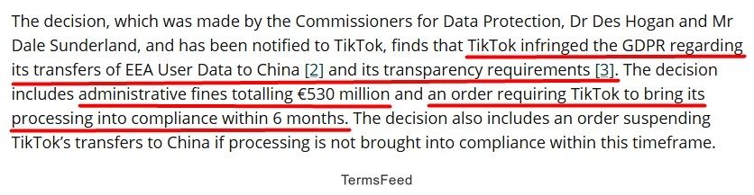 TikTok fined 530 million euros for GDPR infringement and required to comply within 6 months