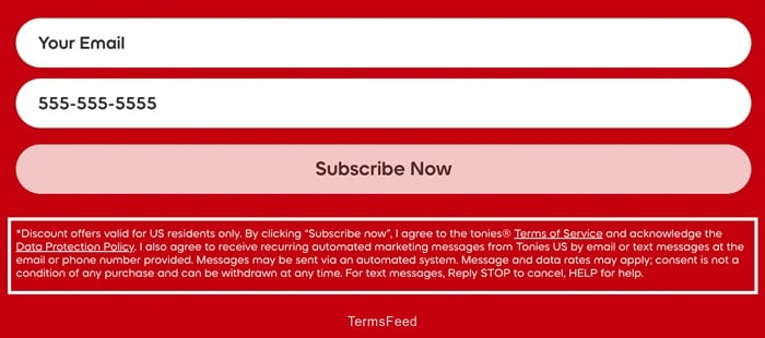Tonies US email and SMS subscription form with data protection consent details