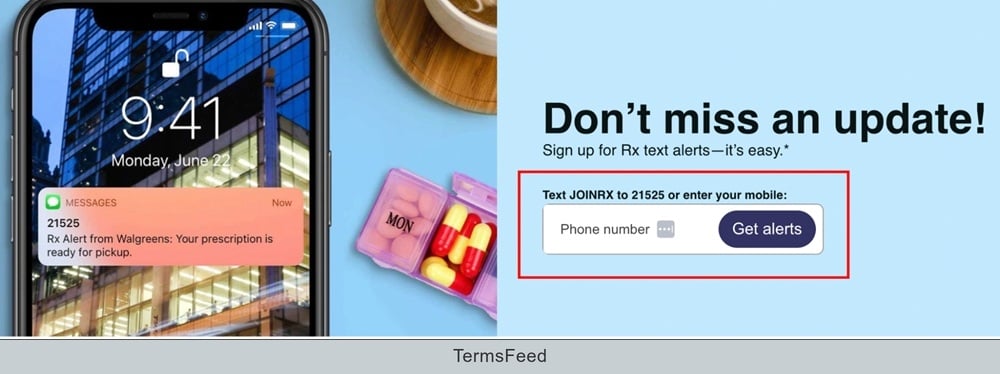 Walgreens Rx text alert sign-up for prescription pickup notifications