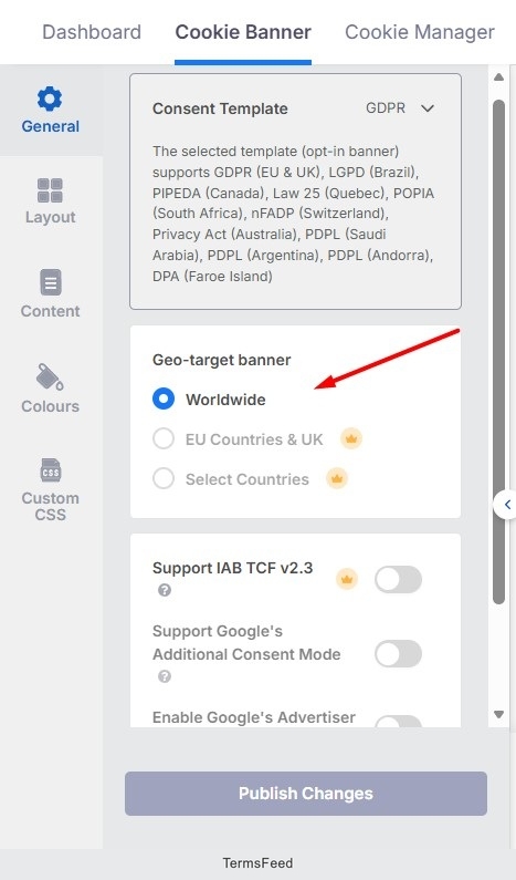 CookieYes - App - Cookie Banner - Geo-targeting options highlighted
