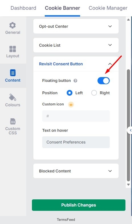 CookieYes - App - Cookie Banner - Revisit Consent Button options highlighted