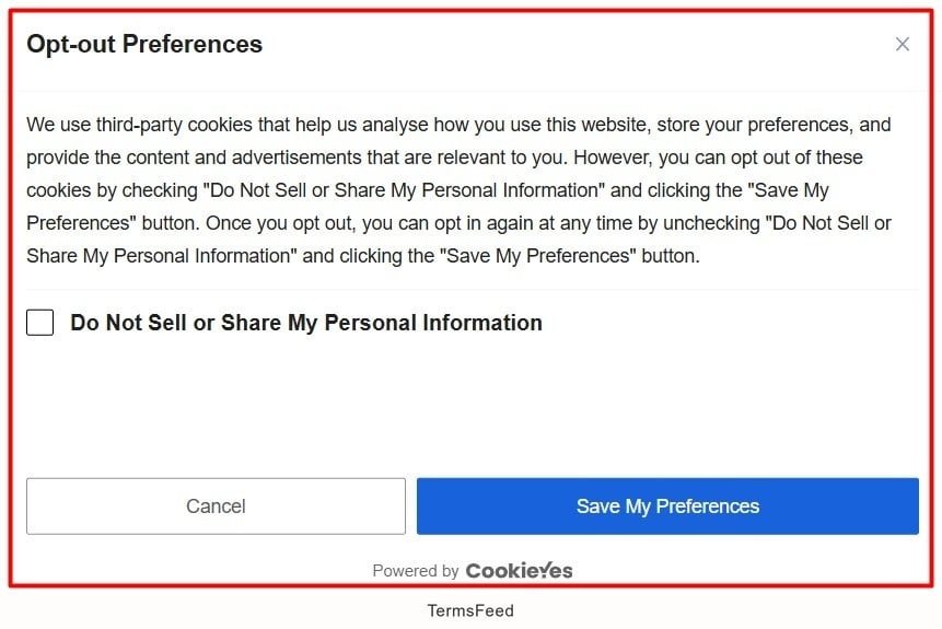 CookieYes - app - Opt out consent banner - preferences