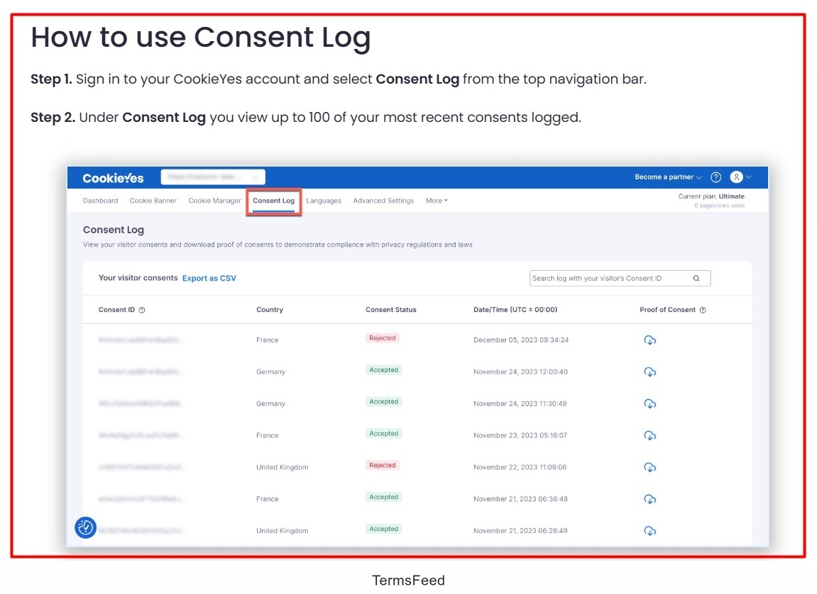 Screenshot of the CookieYes - Documentation - How to use consent log