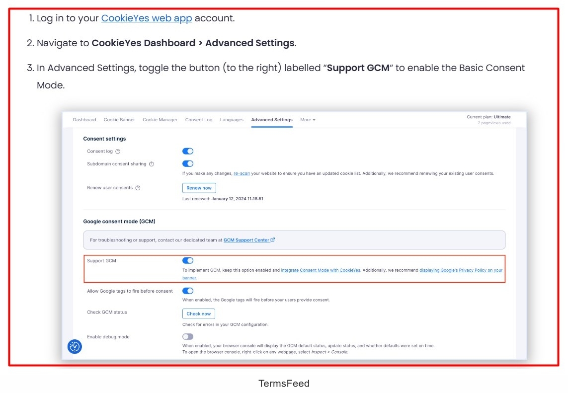 Screenshot of the CookieYes - Documentation - Implementing Google Consent Mode