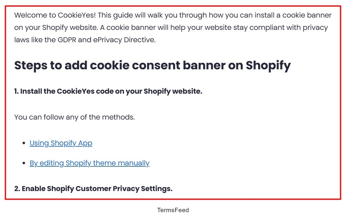 Screenshot of the CookieYes - Documentation - Steps to add cookie consent banner on Shopify